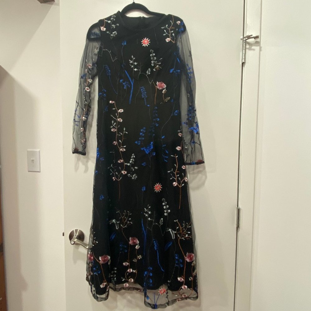 Floral embroidered black/navy maxi dress w/ sheer sleeves, SHEIN, EUC, size 6